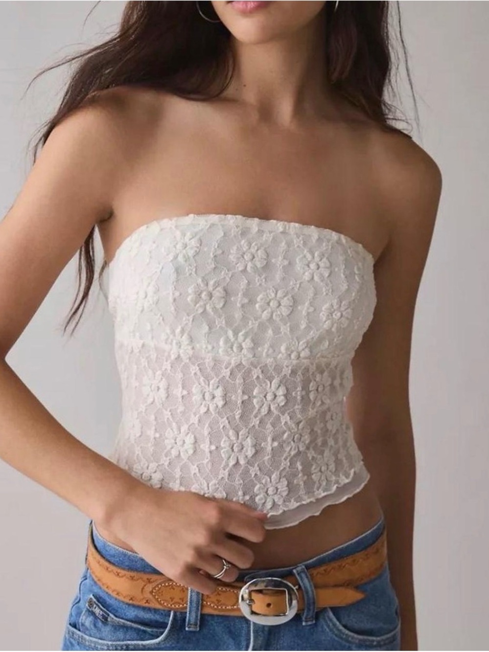 Kimchi Blue White Floral Lace Strapless Crop Top